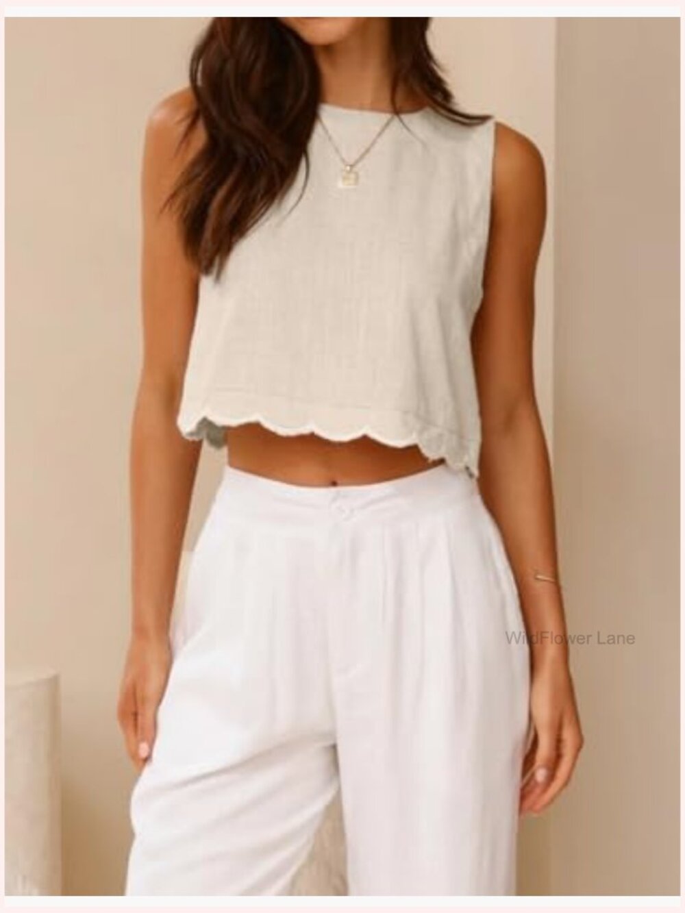 High Neck Linen Cropped Tank Top Scallop Hem Sleeveless Blouse - Picture 2 of 6